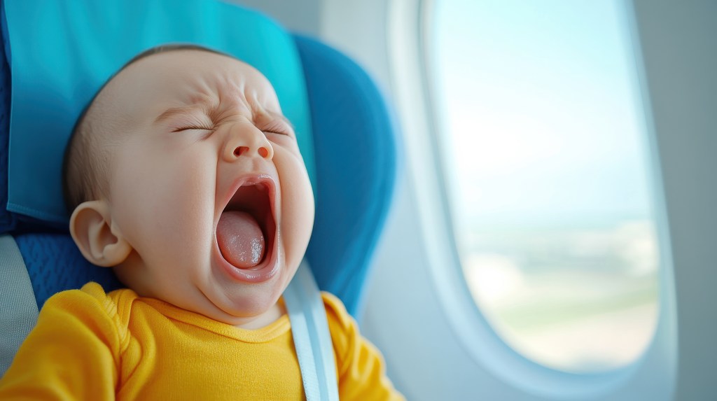 Baby bored crying on a plane showing the travel challenges