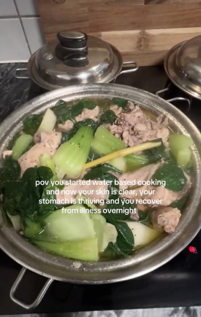 One still from a water -based cooking tutorial.