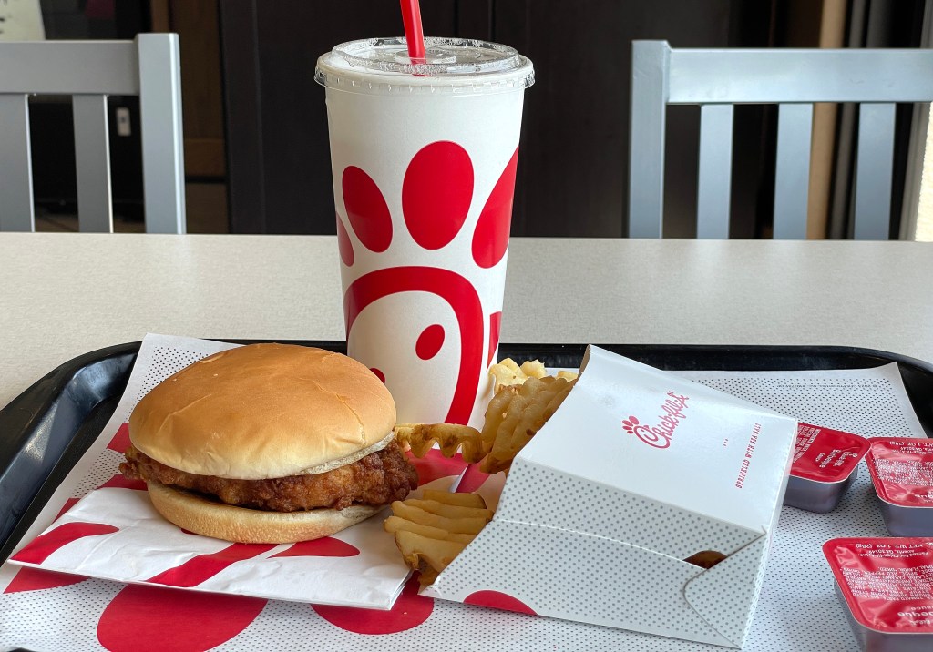 In this photographic illustration, a Chick-Fil-A meal appears at a Chick-Fil-A restaurant on June 01, 2023 in Novato, California.